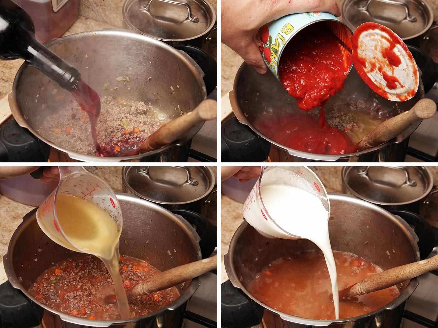 Collage of ingredients being added to the pressure cooker: red wine, tomatoes, stock-gelatin mixture, and cream.