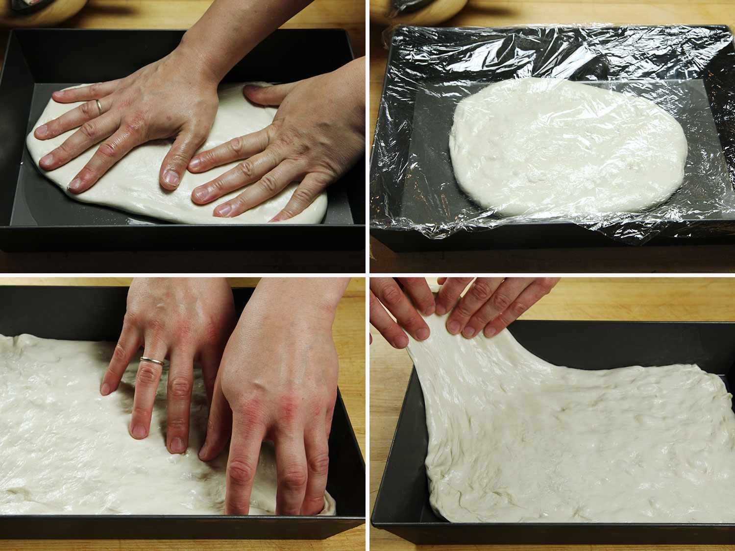 Collage of stretching Detroit-style pizza dough into pan, letting it rest between attempts in order for the gluten to relax.
