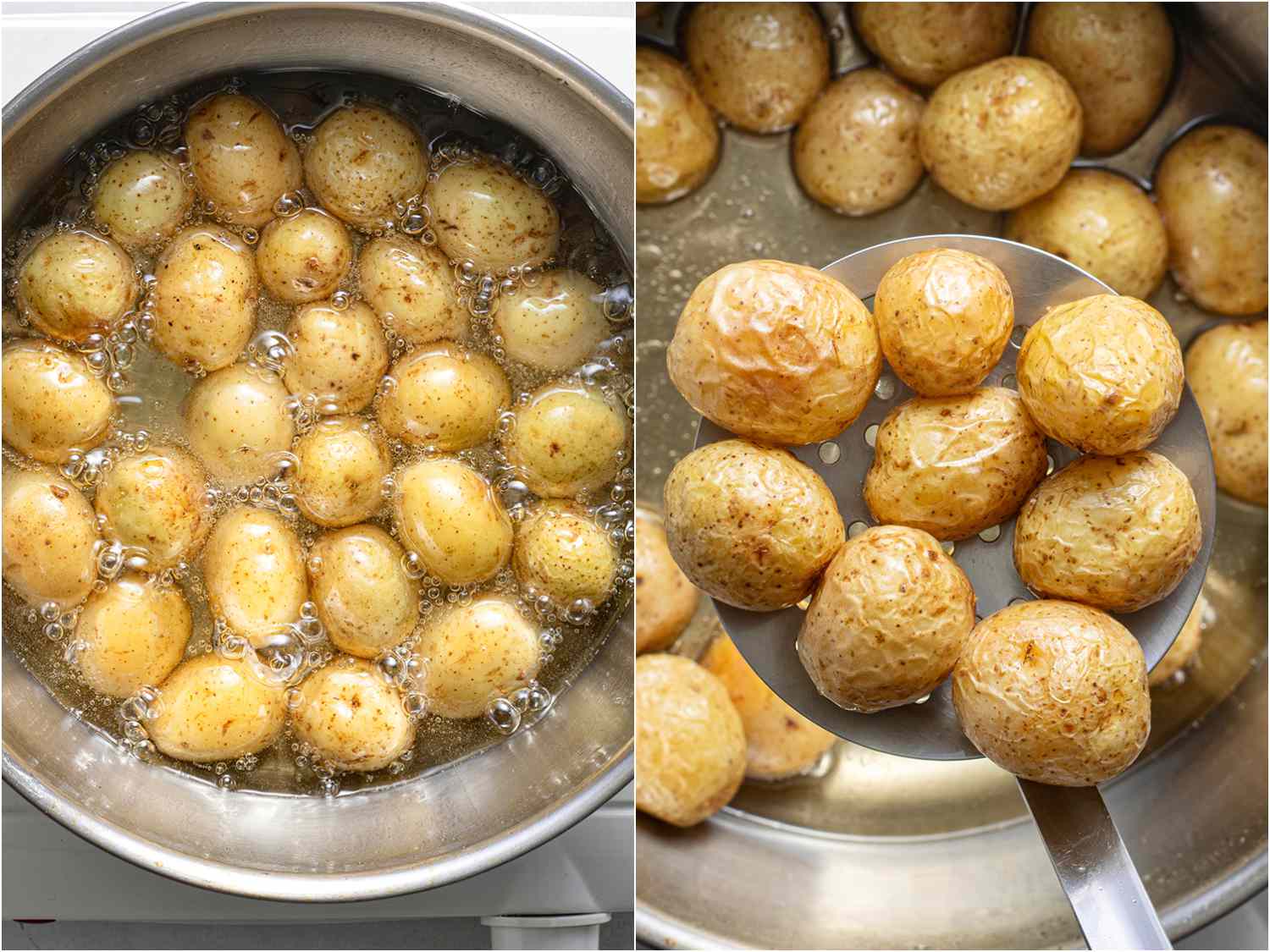 Two images showing the potatoes being fried in oil and then held up on a spoon showing their wrinkled exteriors.