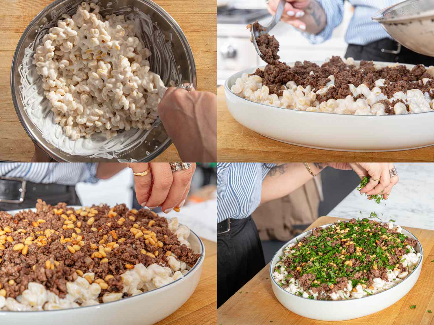 Step-by-step preparation of a pasta dish being assembled in a serving dish