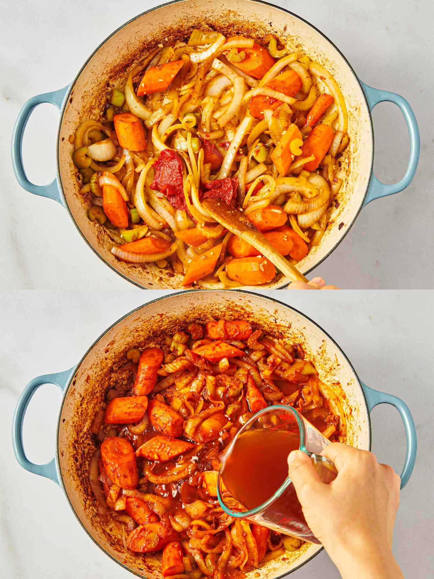 Cooking process for Swiss steak in a pot with vegetables being sauted and broth being poured
