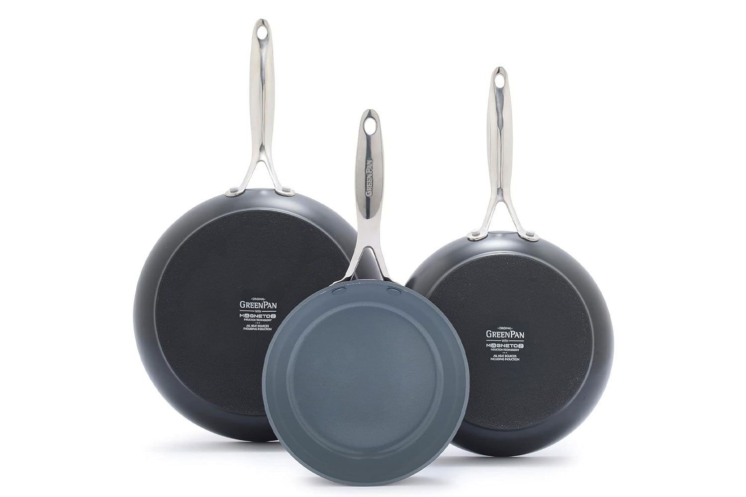GreenPan Valencia Pro Hard Anodized 3 Piece Fry Pan Skillet Set, Ceramic Nonstick 8" 9.5" and 11" Induction Suitable Frying Pans, PFAS-Free Cookware, Dishwasher Safe, Oven and Broiler Safe, Gray