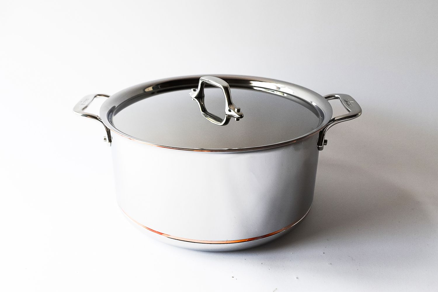 A stainless steel pot with a lid and handles shown on a white background
