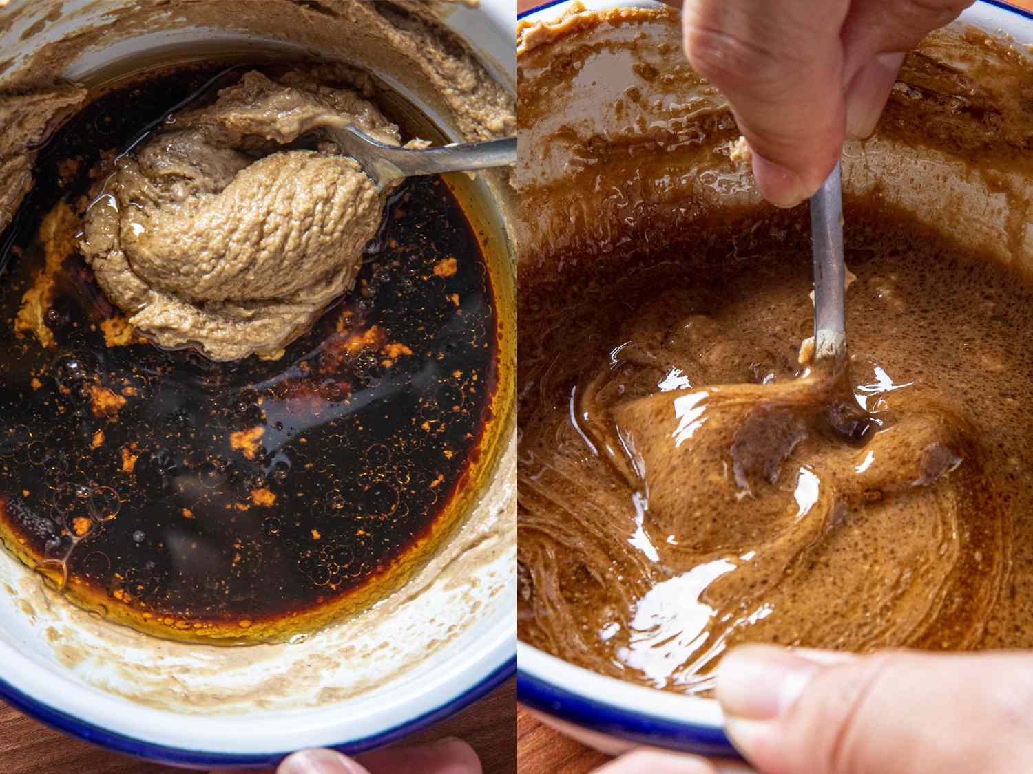 Two image collage. Left: Unmixed soy sauce and sesame paste. Right: Sesame dressing mixed until smooth
