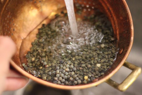 A copper bowl holding sprouts that are being rinsed 