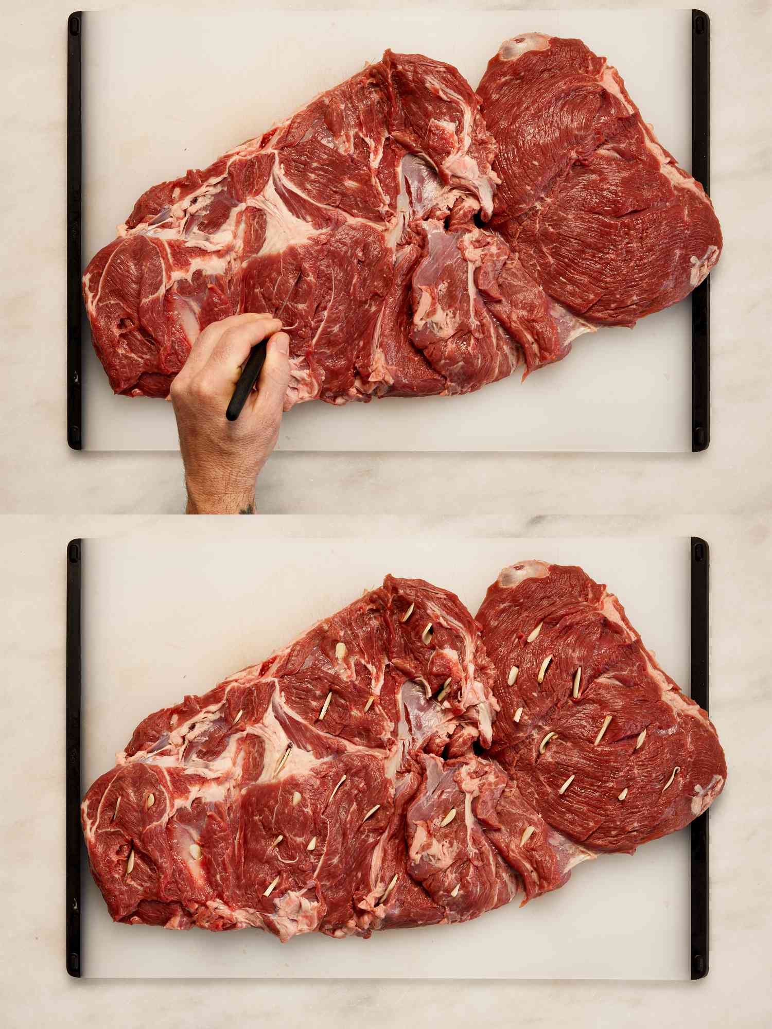 Two image collage of cutting slits in lamb and placing garlic into