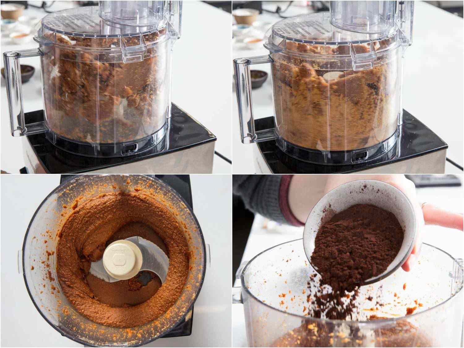 Collage of grinding the brittle into a paste and adding cocoa powder.