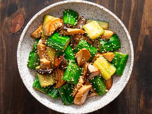 Overhead view of wok stir fried vegetables