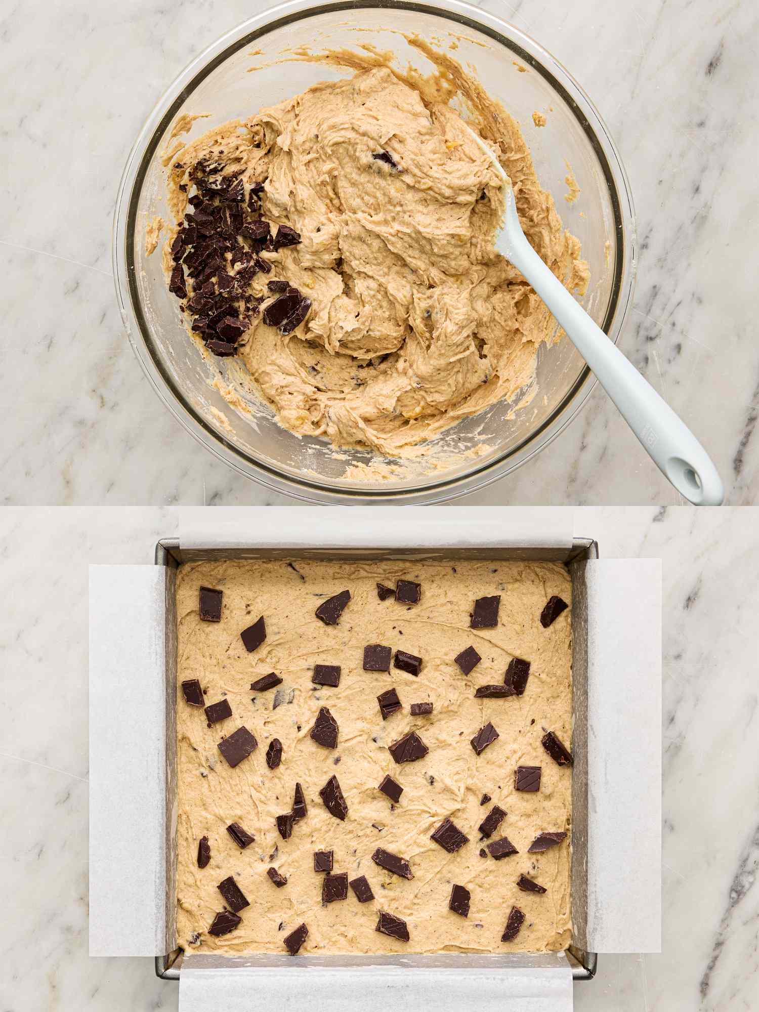 Banana bread blondie batter in a mixing bowl and spread in a parchmentlined baking pan with chocolate chunks