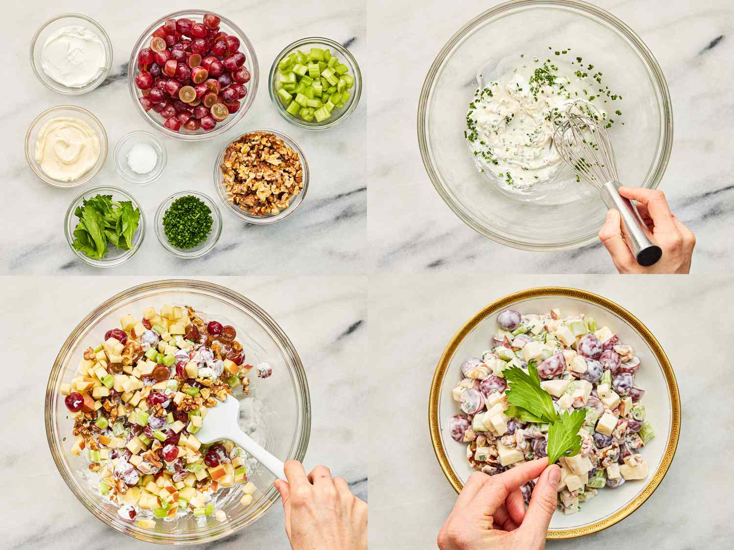 Four image collage of assembling Waldorf salad