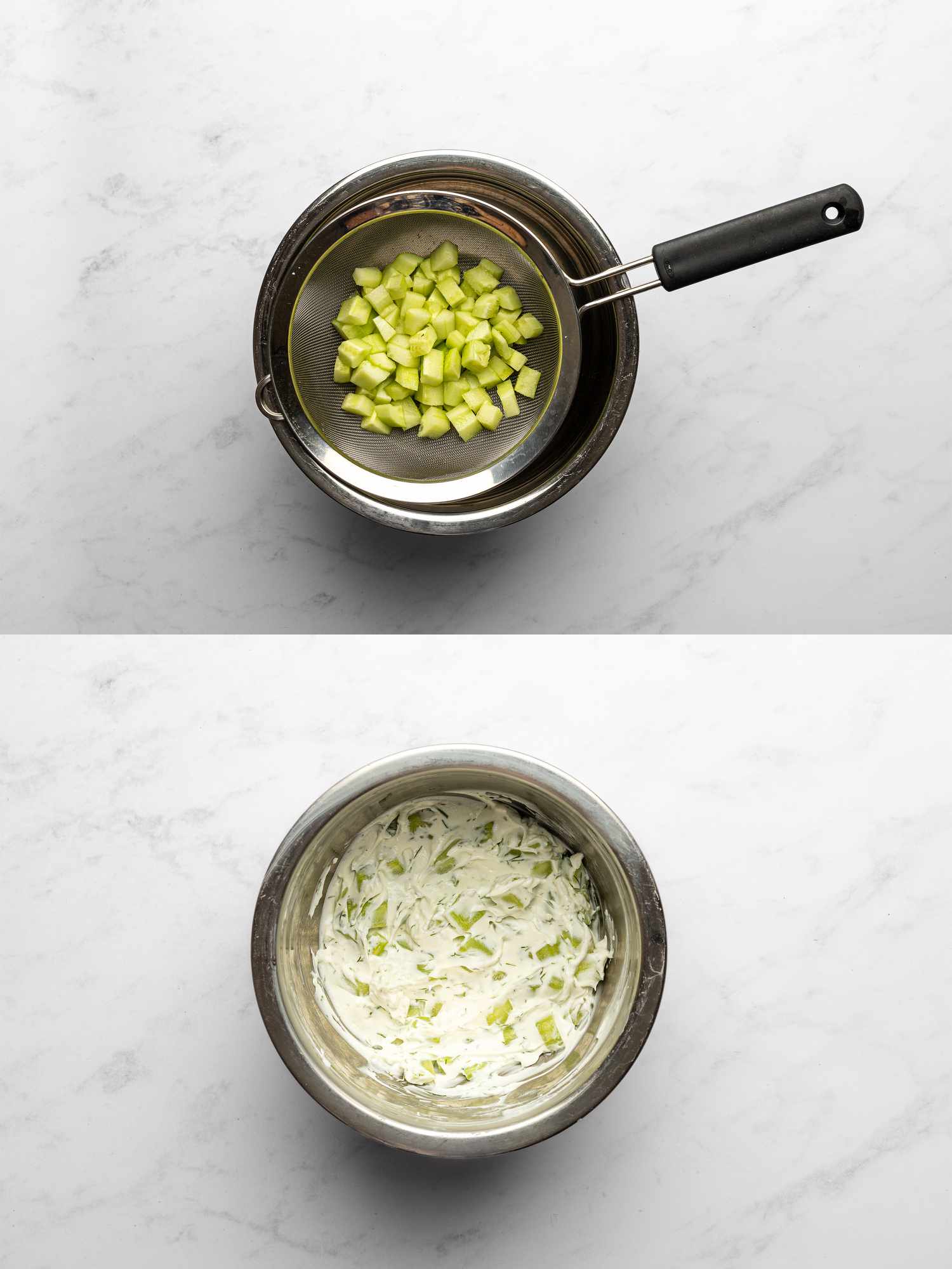 Cucumbers inside a strainer set over a bowl, and cucumbers mixed with garlic, yogurt, and dill inside a small bowl 