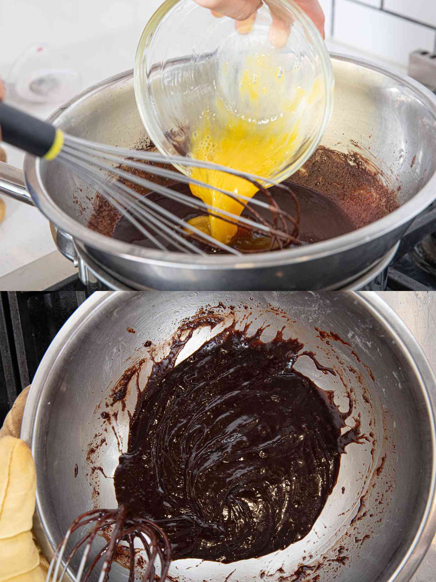 Two image collage of adding egg and thickened chocolate