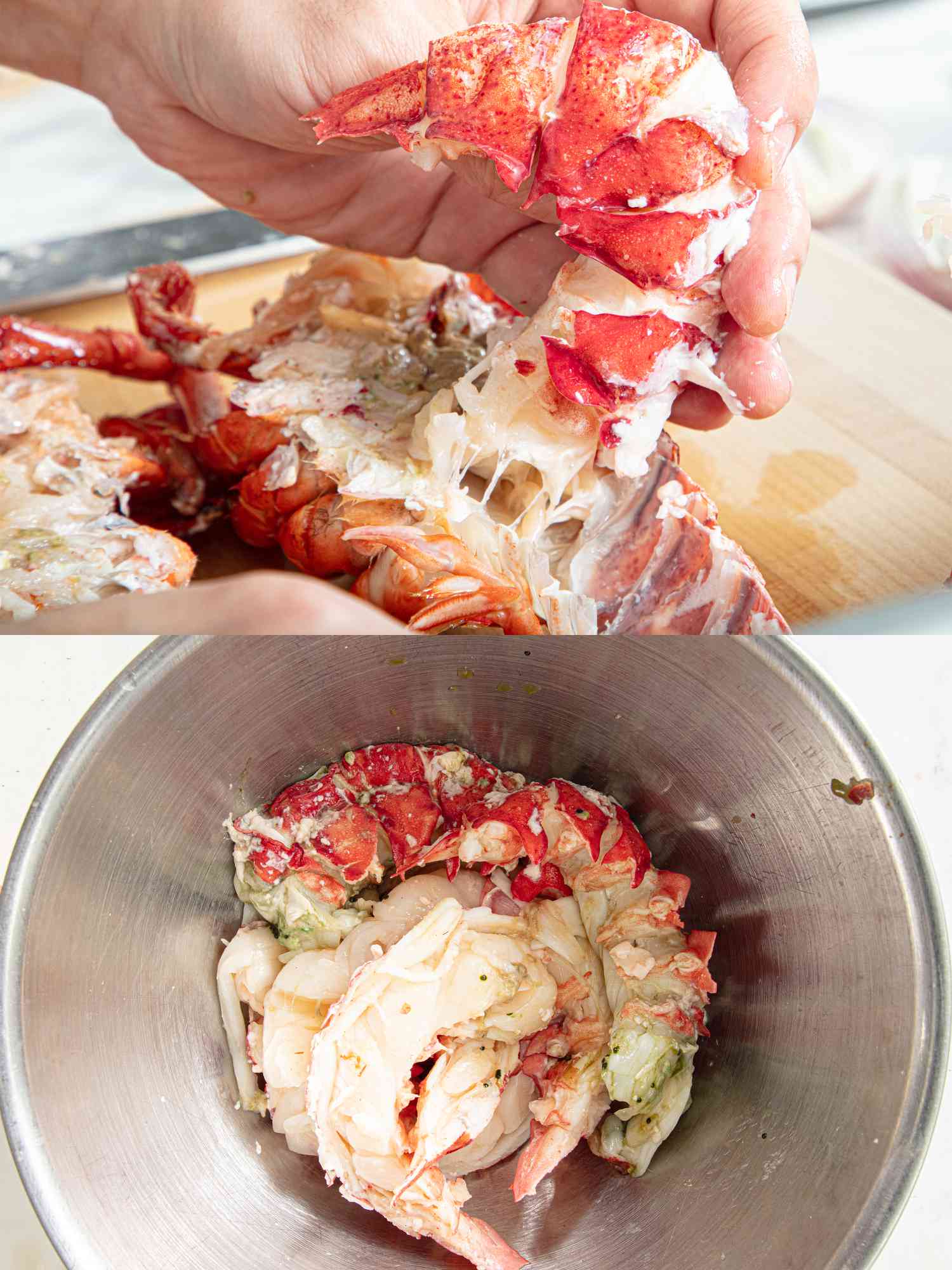 Two image collage of separating lobster meat