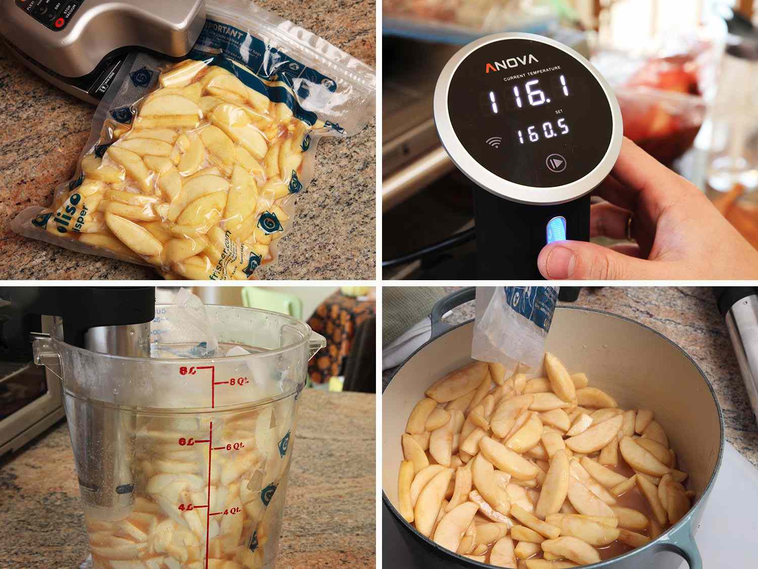 A collage showing apples being sealed in a plastic bag and then cooked sous vide before being put into a Dutch oven.
