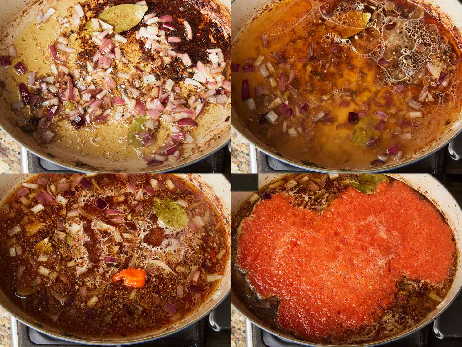 Four image collage of building stew base