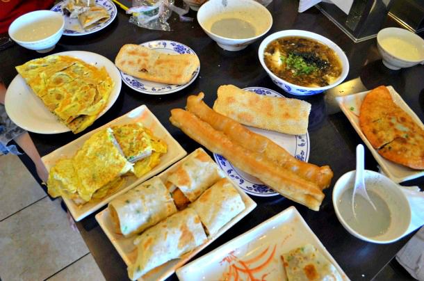 A traditional Taiwanese breakfast spread, arrayed on a table at Yung Ho Cafe.