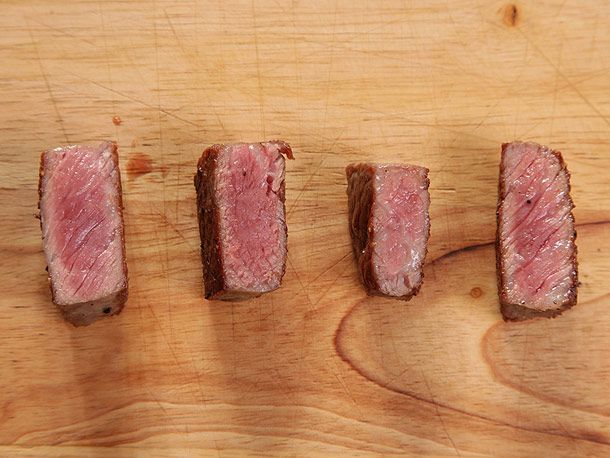 Pieces of seared steak that have been dry-aged for varying amounts of time.