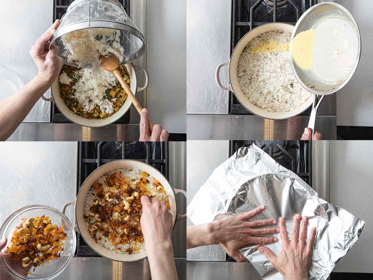 4 image collage. Overhead view, clockwise from upper left: rice being layered on top of the vegetable mix; saffron sauce added to top of rice; apricot and cashew garnish layered on top; dutch oven being covered with aluminum foil 