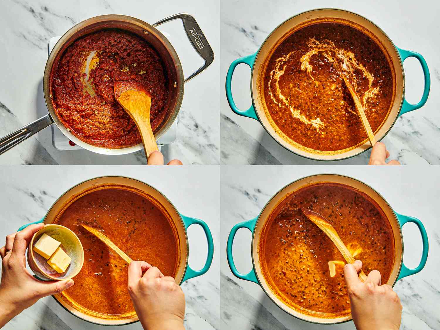 4 image collage. Top left: stirring masala and beans together in a saucepan. Top Right: Masala and cream mixing in a dutch oven. Bottom Left: Butter mixing into Dal mixture in a dutch oven. Bottom Right: Mixing the dal altogher