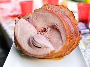 A bone-in spiral cut ham, grilled and glazed with Coke and pineapple.