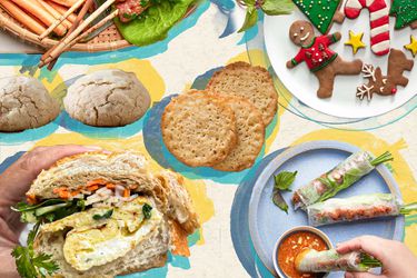 A collage of images on a risograph patterned background