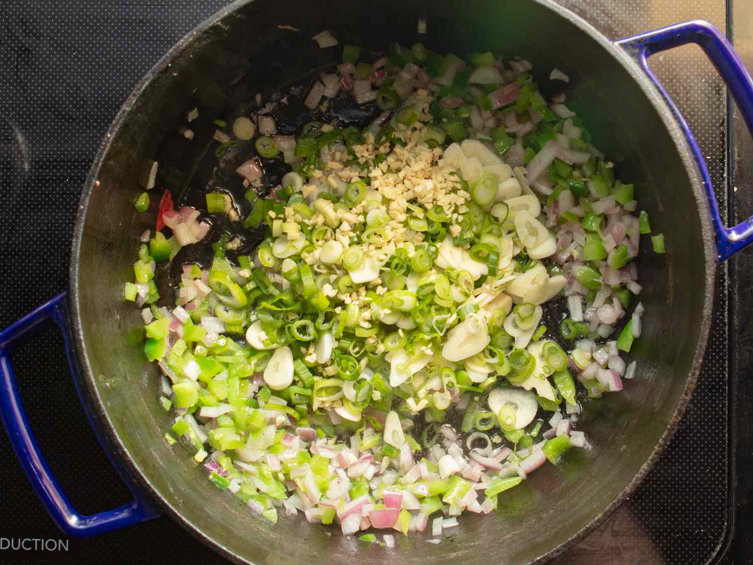 garlic, scallions, ginger, cumin seeds added to pot