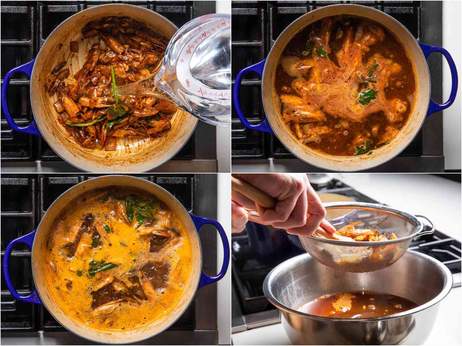 Simmering and straining shrimp stock