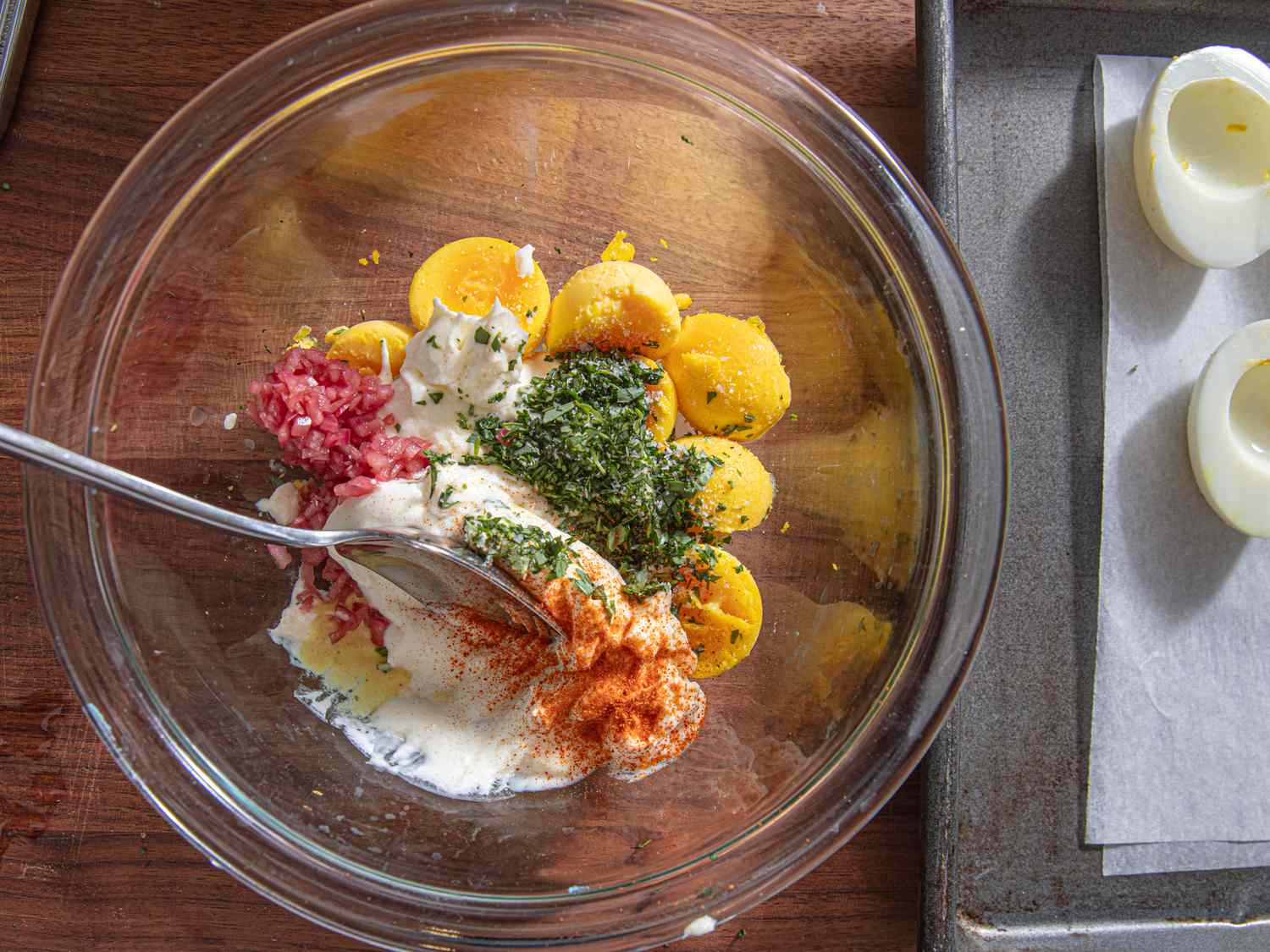 Ingredients for deviled egg mixture before being mixed