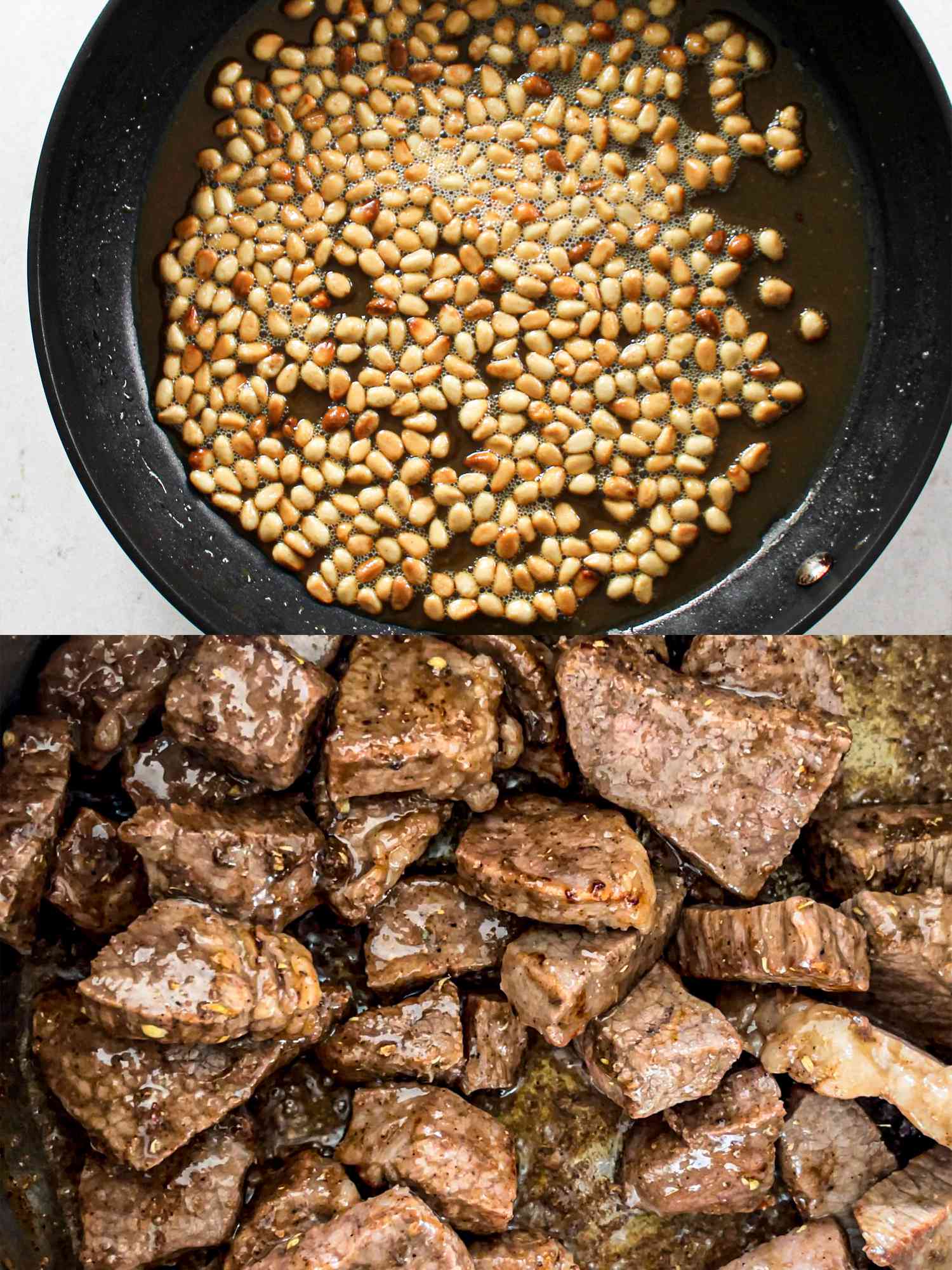  Two image collage of pine nuts and meat cooking