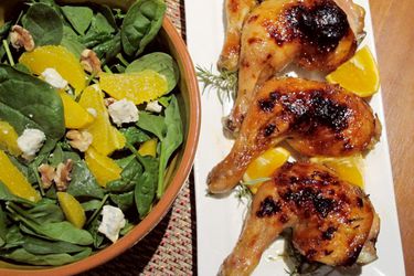 Orange glazed chicken, served with a spinach-blue cheese salad.