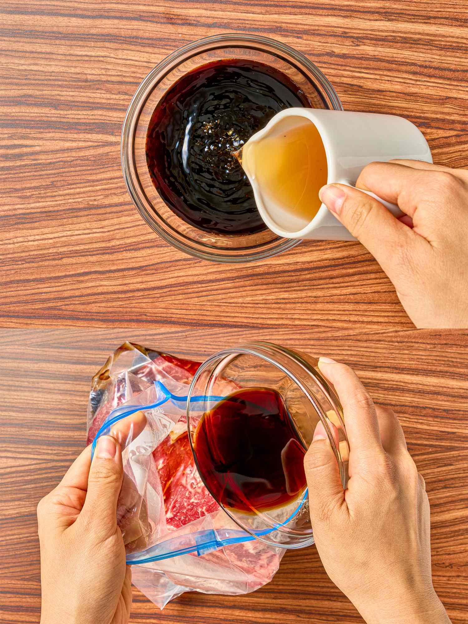 A person preparing a marinade and adding it to a bag containing a cut of meat