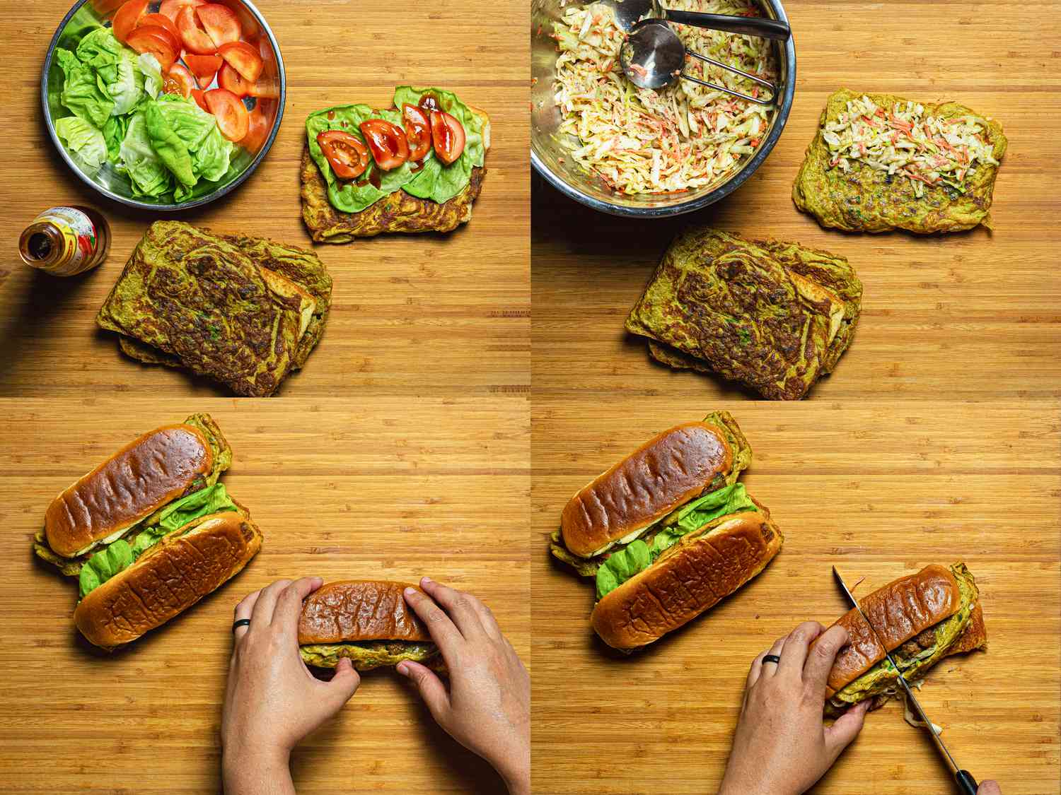 Four image collage of assembling and cutting rot johns