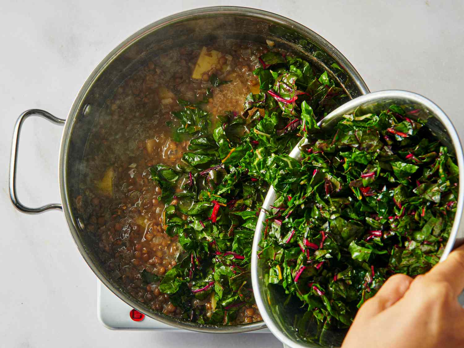 Adding greens to a pot of lentil soup
