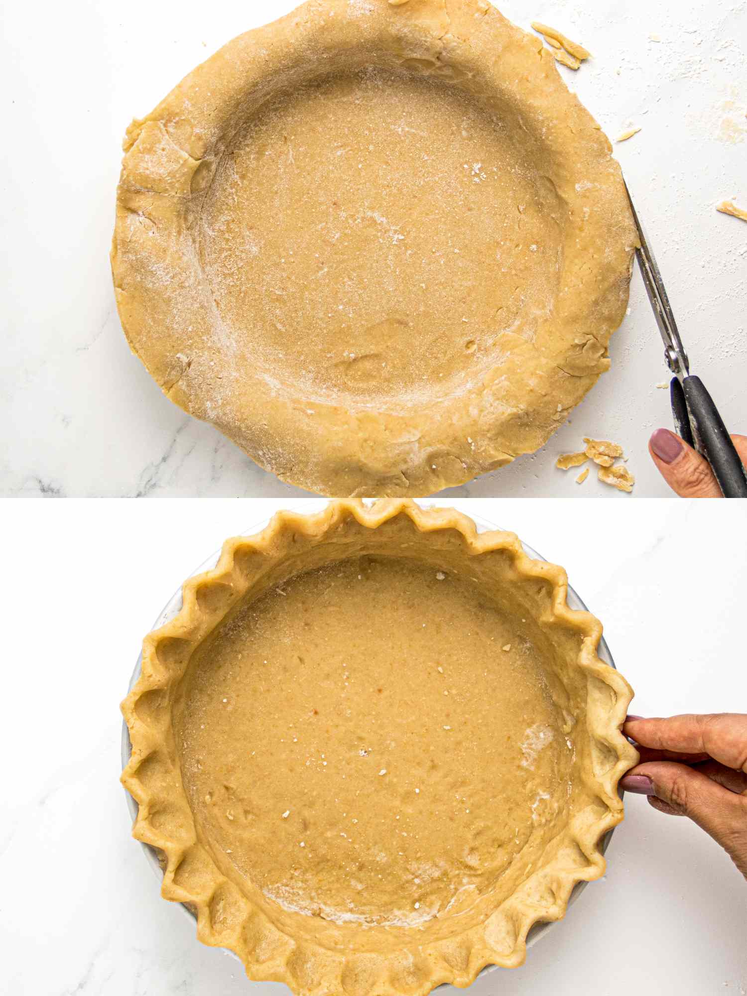 Pie crust preparation two stages shown