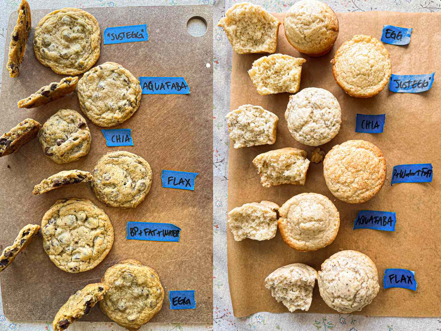Two boards showcasing cookie and muffin test results using various egg substitutes labeled with names like aquafaba flax and chia