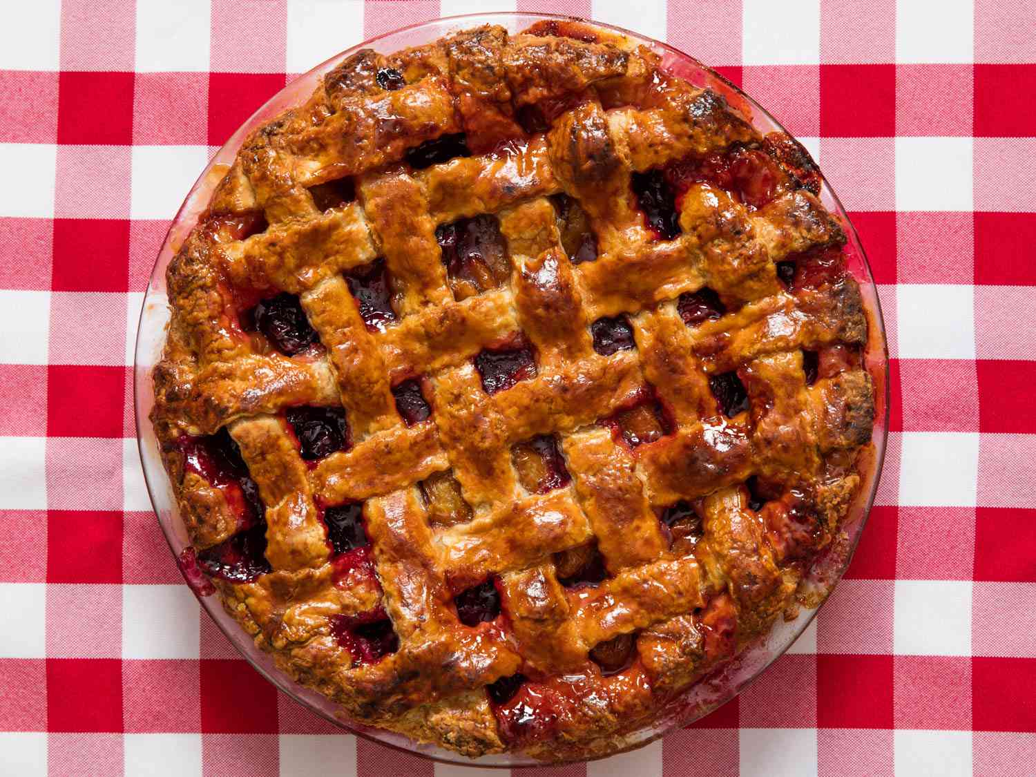 Top down view of a baked cherry pie.