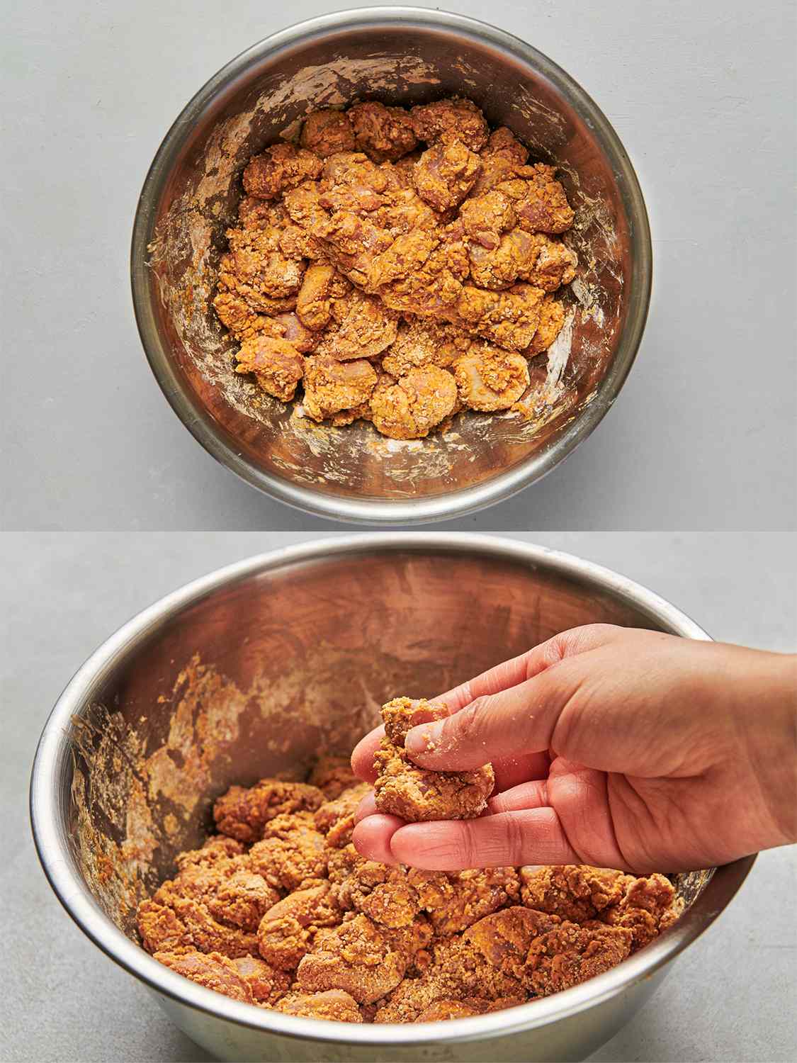 A two-image collage. The top image shows the chicken pieces added to the bowl of dry mix and thoroughly coated. The bottom image shows a hand holding up a piece of coated chicken, showing off how it's shaggy and dry looking.