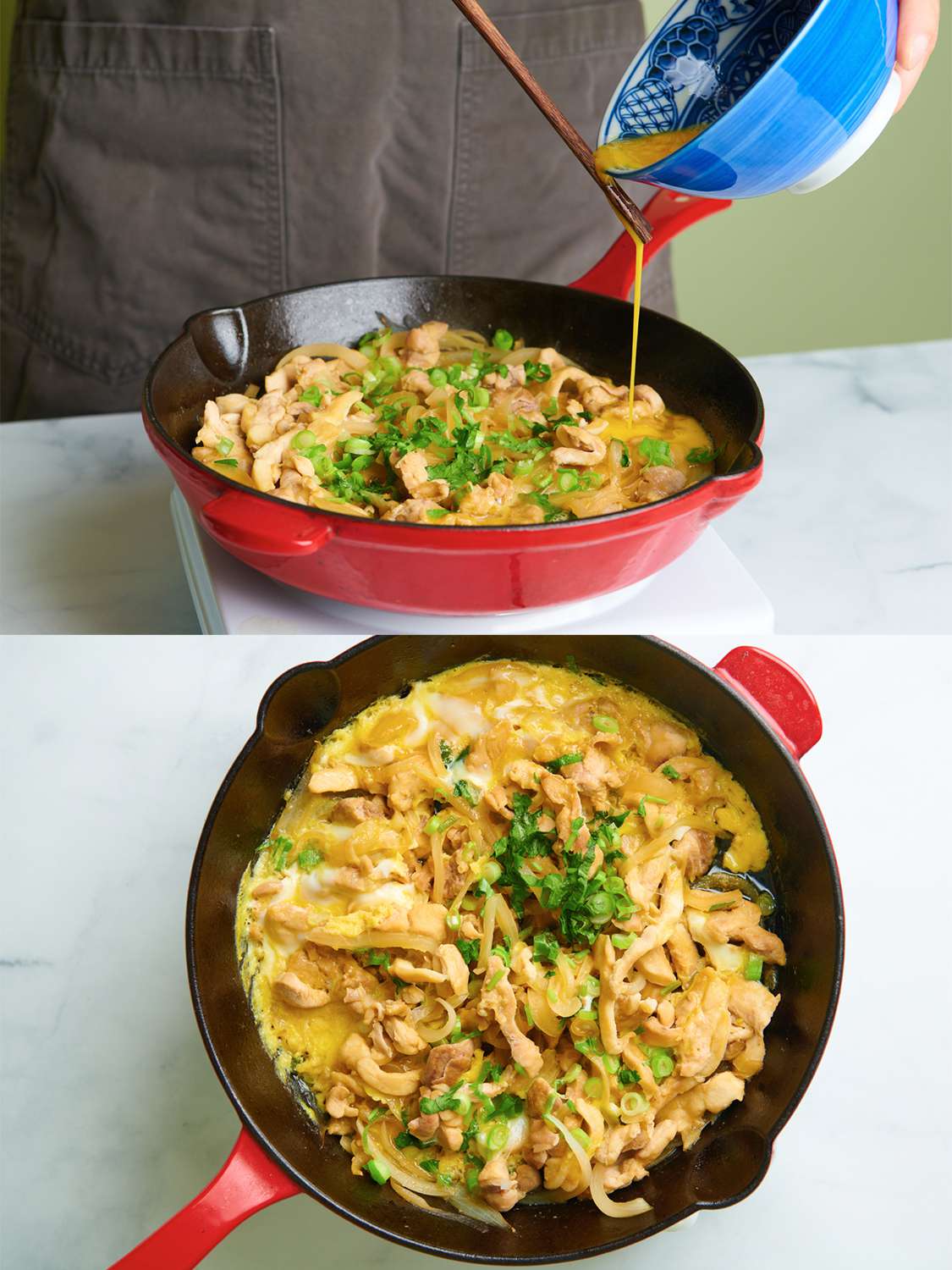A two-image collage. The top image shows the pan of cooked chicken, onions, stock, and scallions having the whisked egg poured in. The bottom image shows the pan now containing all of the ingredients, including the egg.