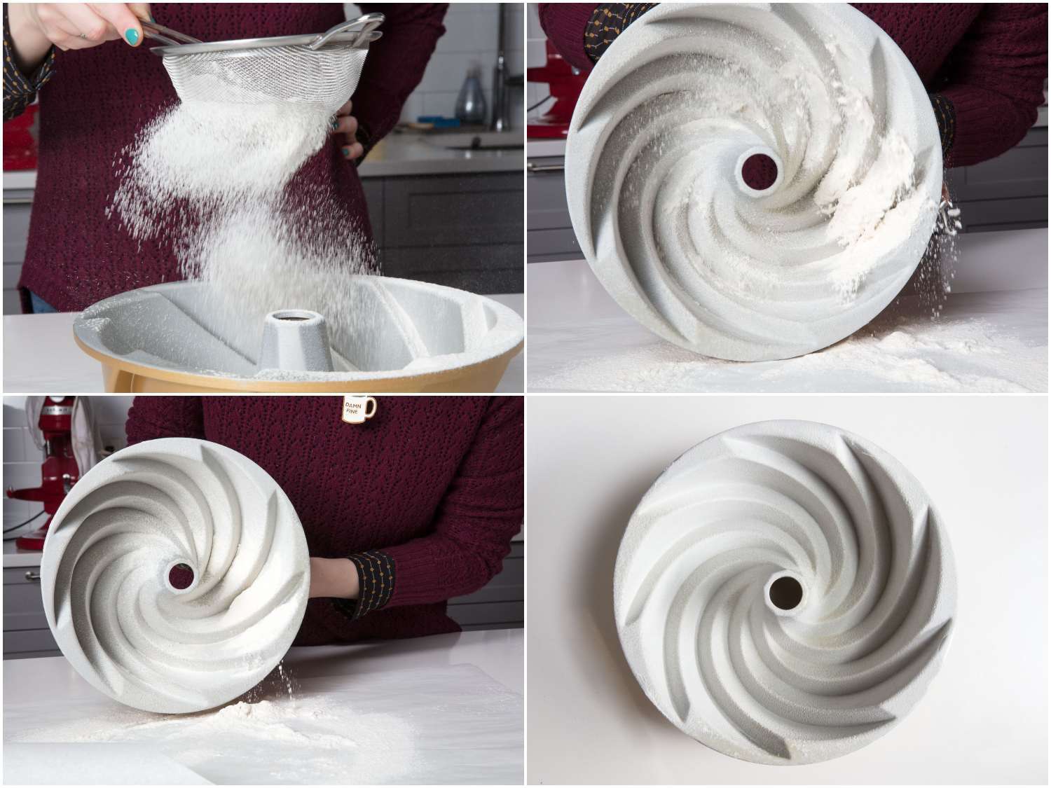 Collage of four images showing preparing a bundt pan by dusting the inside with flour.