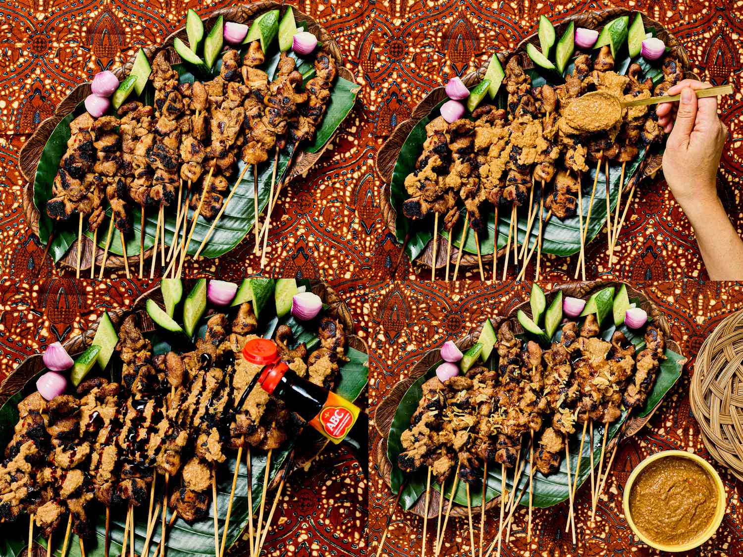 Four image collage of dressing skewers