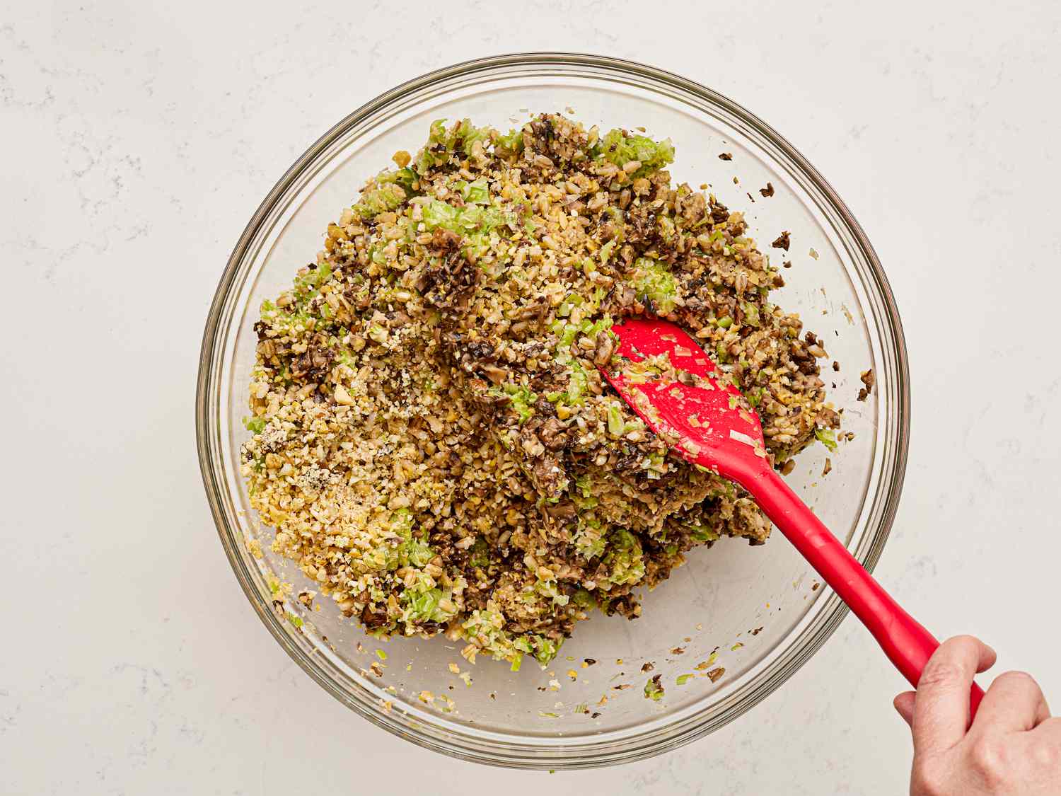 Overhead view of mixing all ingredients together 