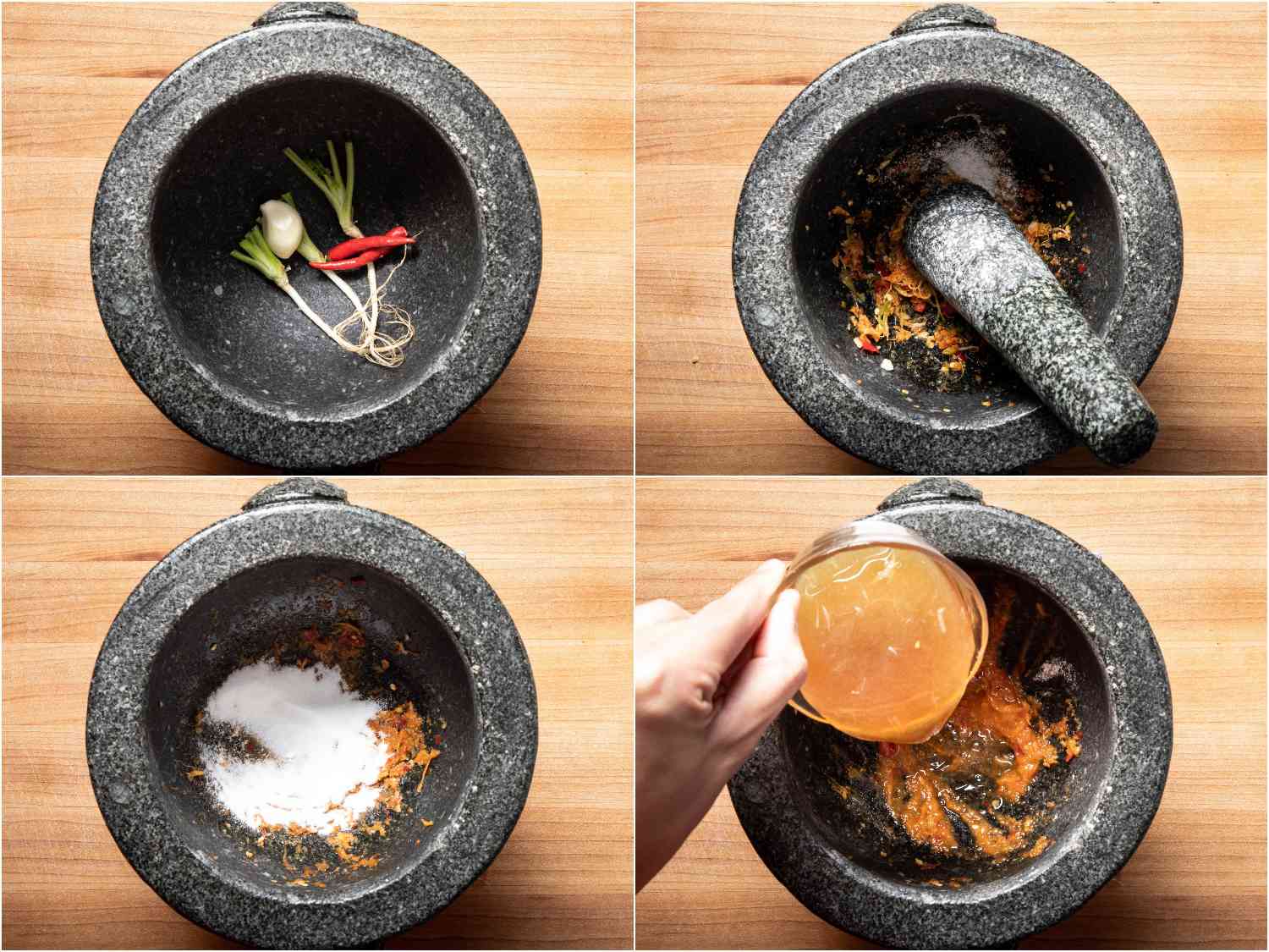 Making dressing for yam woon sen in a granite mortar and pestle