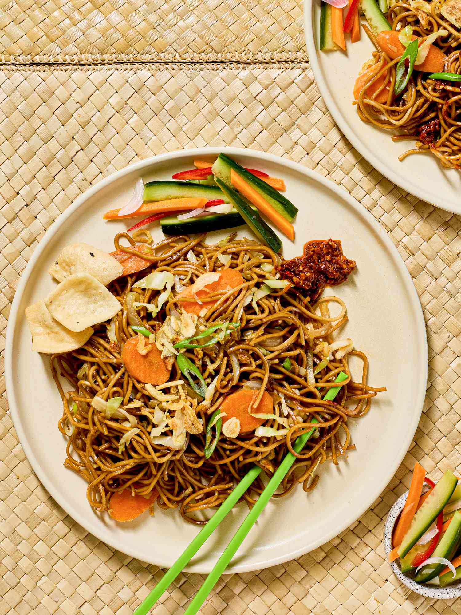 Stir-fried noodles on a plate.