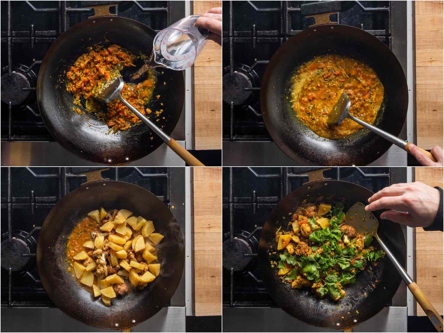 Collage showing finishing steps for aloo gobi