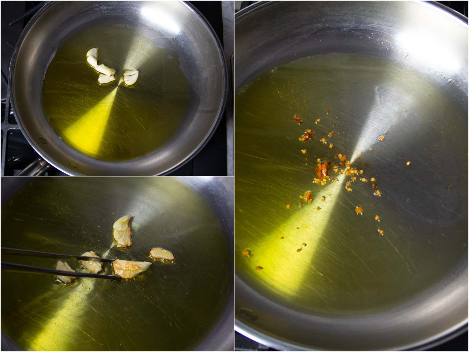 Process of sautéing garlic and chili flakes in oil shown in a pan with step-by-step progression