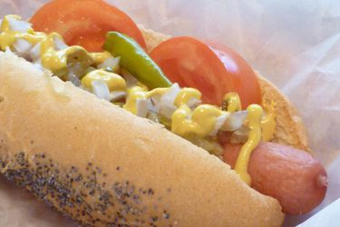 Closeup of a Chicago-style hotdog