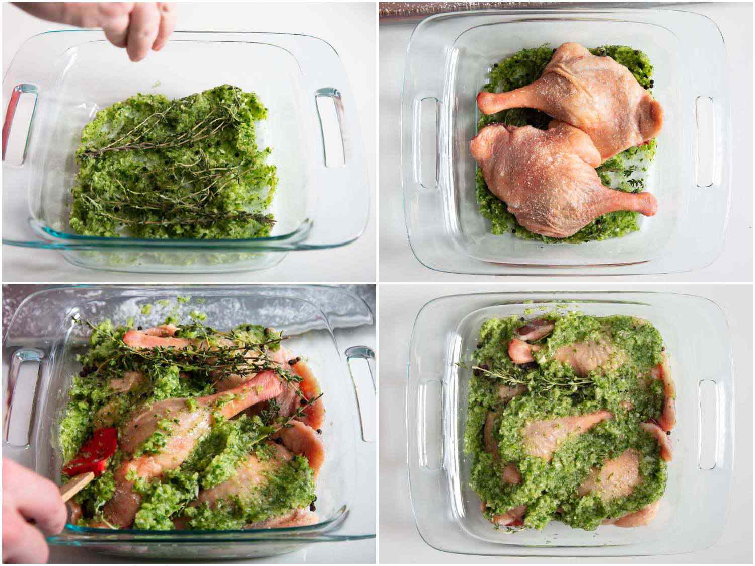 A collage of four photos showing placing an allium-parsley mix into a glass square baking dish; placing duck legs on top, and using a spatula to spread the allium mixture over the duck legs. 