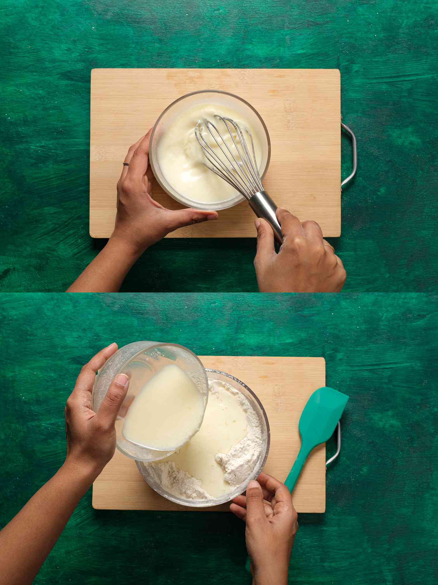 2 image collage. Top: whisking together milk, yogurt , and egg on a wooden board and green surface. Bottom: Combining wet and dry ingredients 