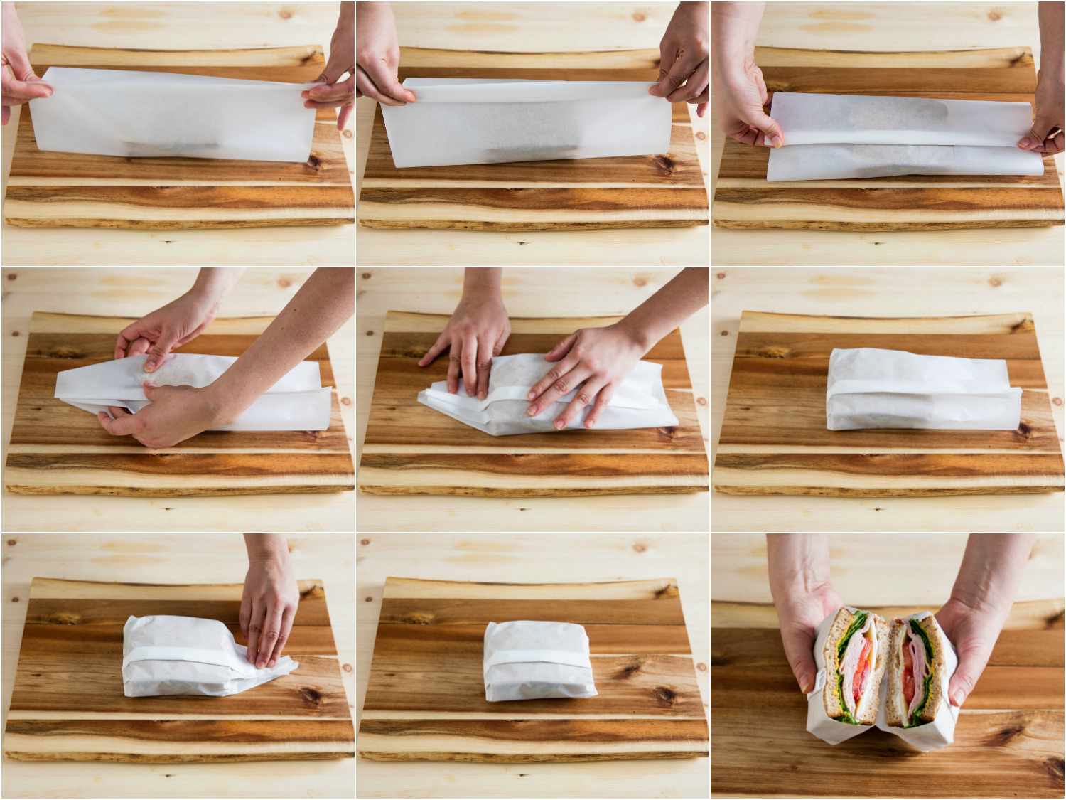 A nine image collage showing how to wrap a sandwich in paper.