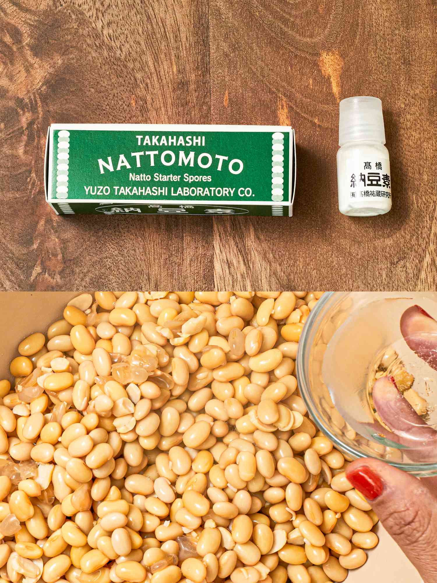 Two image collage of natto starter and adding to soybeans